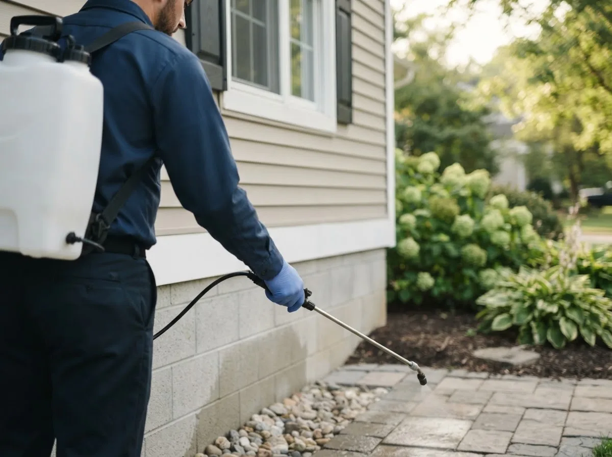 Pest control technician inspecting a home in Pool, WV